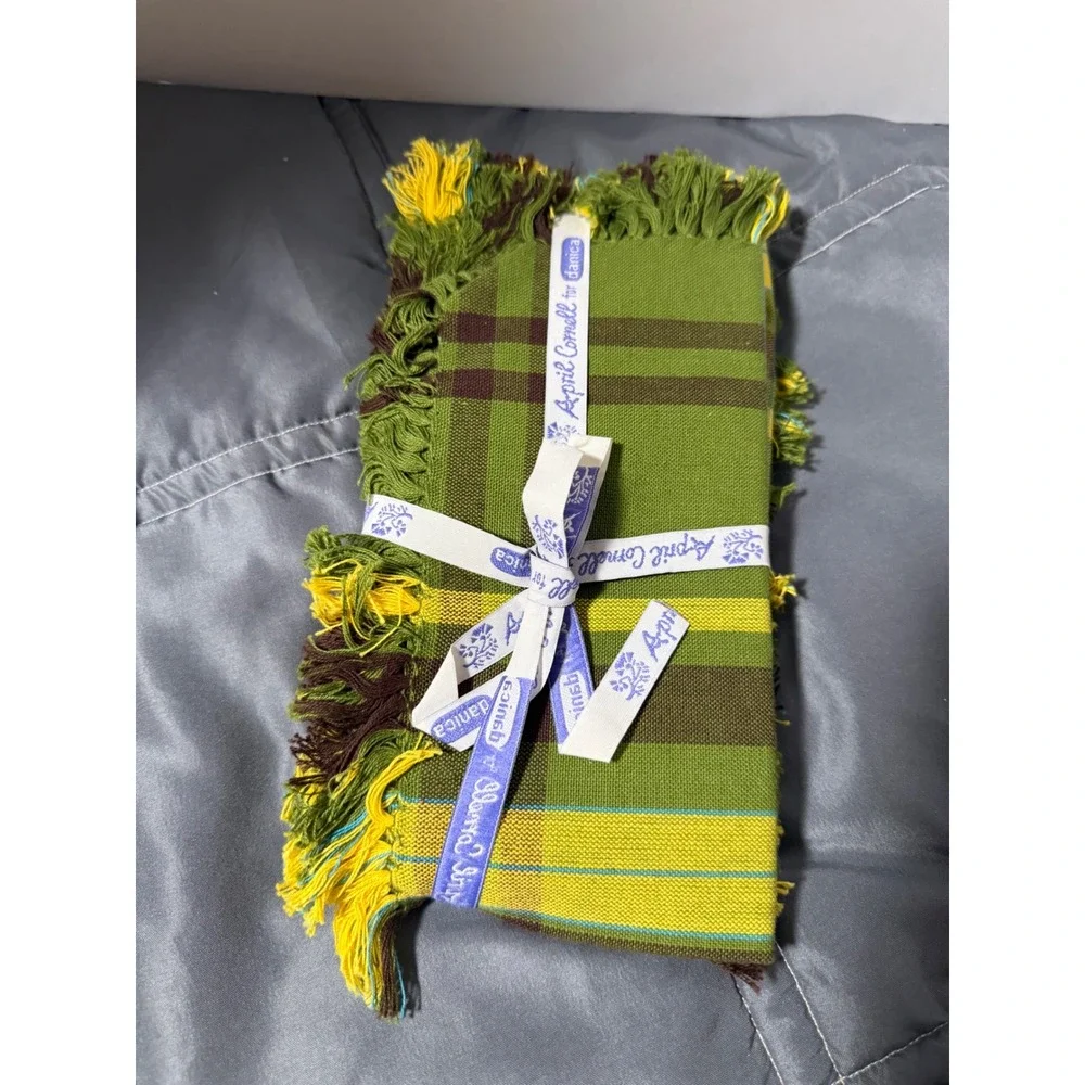 April Cornell for Danica Painters Plaid Olive Cotton Fringed Napkins Set of 4